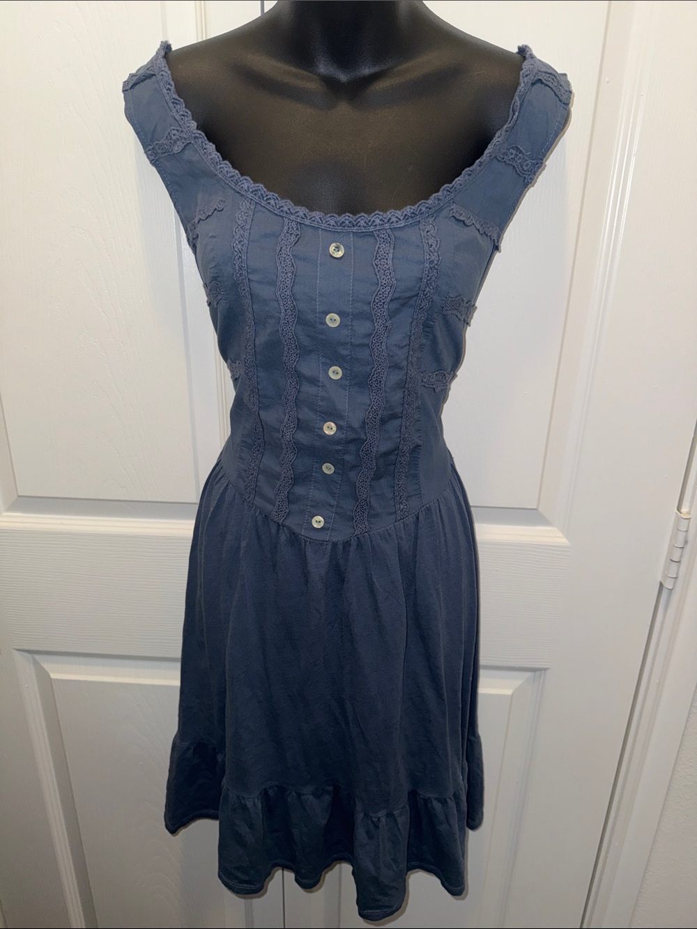 Cato Navy Blue Lace-Trim Button Front Mini Dress